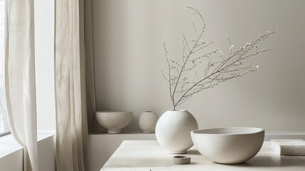 Fototapeta na wymiar A white vase sits on a table with a single twig inside