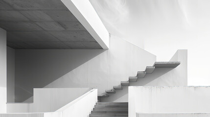 A black and white staircase leading upwards, featuring steps and railings contrasted against the neutral backdrop