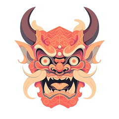 An illustration of a terrifying demon mask with red eyes