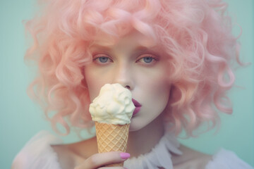 Portrait close up of a pretty girl with pink curly hair and  ice cream