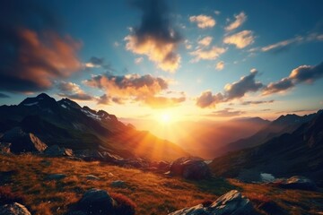 Beautiful sunset over a majestic mountain range. Ideal for travel websites or nature blogs - obrazy, fototapety, plakaty