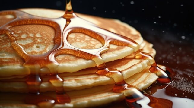 Mouth-watering image of pancakes covered in syrup. Perfect for food blogs or breakfast menus