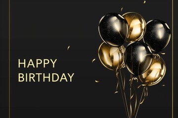 A sleek and modern vector illustration of balloons with golden outlines, floating against a deep black background for an elegant touch HAPPY BIRTHDAY Generative AI