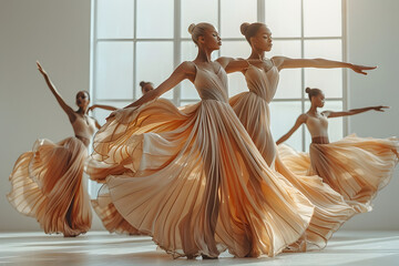 Elegant Ballerinas in Beige A Multi-ethnic Dance Ensemble in Graceful Movement