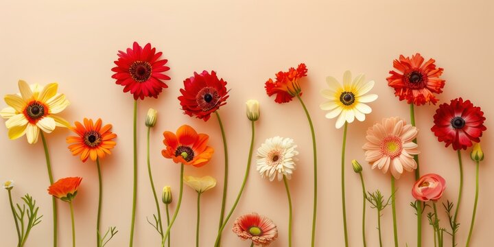 beautiful photo with copy space of: top view beautiful vivid spring flower minimalistic arrangement, against simple pastel beige background
