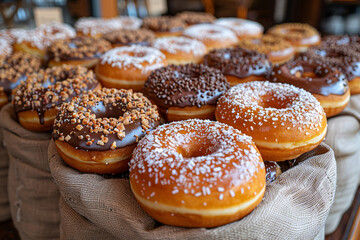 pink donuts, one on top of the other. Everyone has a different topper icing, colorful sprinkles