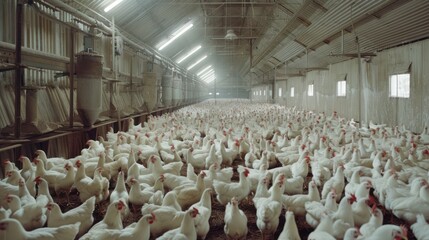 birds eye view inside a modern poultry barn, ocean of white chickens