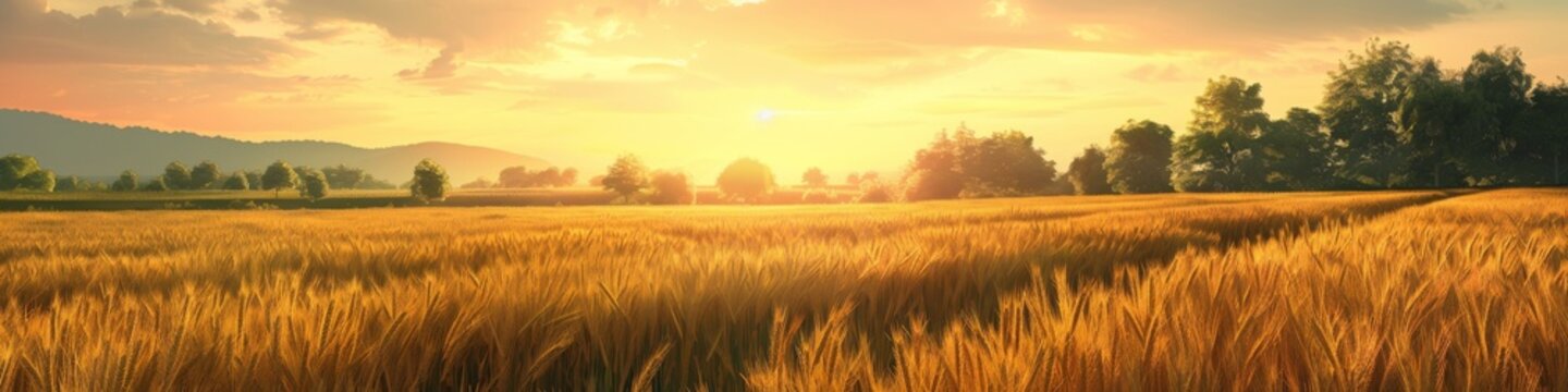 A field of golden wheat with trees in the background, AI