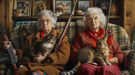 Fototapeta premium Two elderly women sitting on a couch holding guns and cats, AI