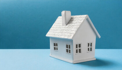 Miniature house model. Real estate, property and home. Blue background.