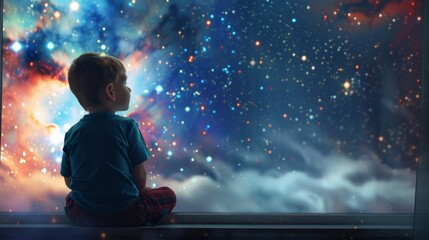 A young boy sitting on a window sill looking out at the stars, AI
