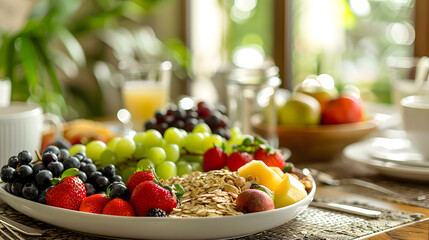 Naklejka na ściany i meble A table set for a healthy breakfast, with details of the fresh fruit, the whole grains, and the vibrant colors.