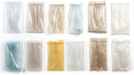 Various colored plastic bags on a plain white background. Suitable for environmental, recycling, and shopping concepts - obrazy, fototapety, plakaty