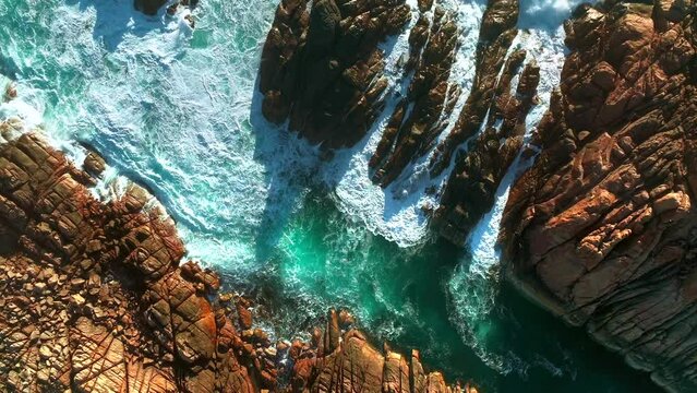 Aerial view of beautiful coastal rocks and turquoise water, Yallingup, Western Australia.