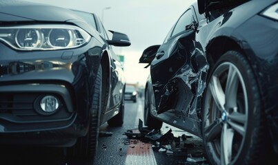 Two cars smashed together showing the damage - obrazy, fototapety, plakaty