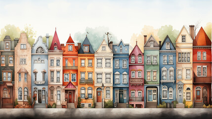 In the watercolor illustration, a historic neighborhood is portrayed with colorful facades, narrow streets, and architectural details from bygone eras.