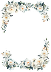 square, rectangular frame, wreath white roses and camellia. Design for greeting card, invitation, wedding