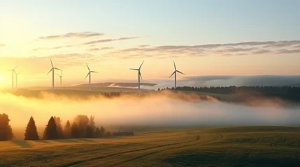 Fotobehang Wind turbines on a lush green hillside, perfect for environmental concepts © Ева Поликарпова