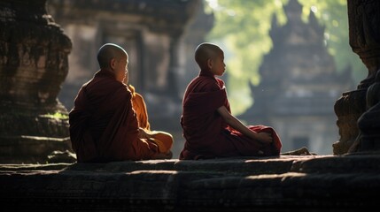 Two monks sitting on a stone wall. Suitable for religious, spiritual themes - obrazy, fototapety, plakaty