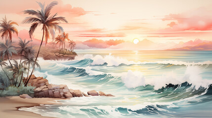 Fototapeta na wymiar In the watercolor painting, a tropical beach at sunset is portrayed with palm trees and large ocean waves.