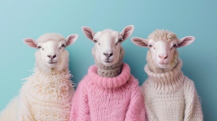 Fashionable anthropomorphic portrait of a three sheep wearing sweaters, cotton candy
