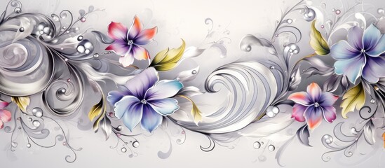 Abstract colorful floral pattern with crystal details on a gray background