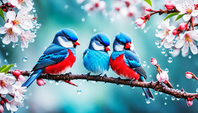 A pair of birds with red and blue feathers sit on a branch with spring charry flowers