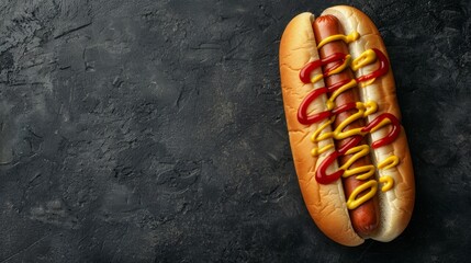 Classic hotdog with ketchup and mustard. Isolated on dark background. top view. Room for copy space - obrazy, fototapety, plakaty
