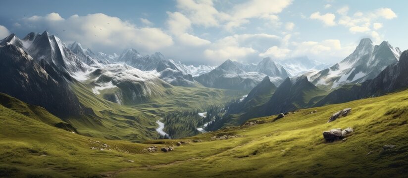 beautiful mountains with mountains with snow and green slopes