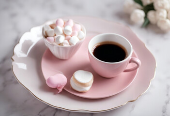 Obraz na płótnie Canvas marshmallow Day cup concept Meringue pink coffee Mothers plate Valentine's Zephyr Homemade table white Russian Background Food Summer Easter Spring Gift Fruit
