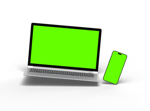 3D Render of laptop and phone with green screen on a transparent background
