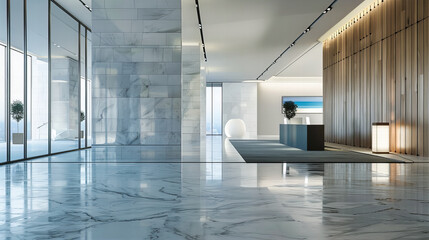 Luxurious Modern Office Space with Elegant Marble Floors and Sophisticated Furniture, Offering a...