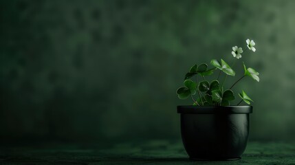 Solid dark green background with lots of free space with a bit of a realistic small photo of Cloverleaf