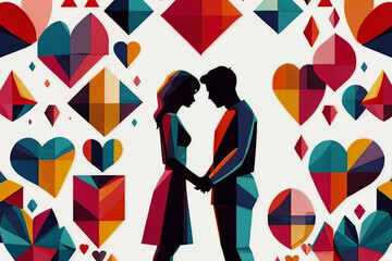 Abstract couple forms heart with multicolored geometric figures. Love, relationships, abstract art. 