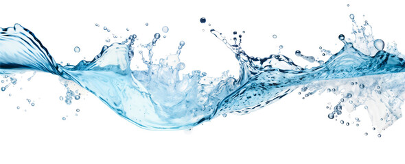 Blue water splash and wave with drops, isolated on transparent background