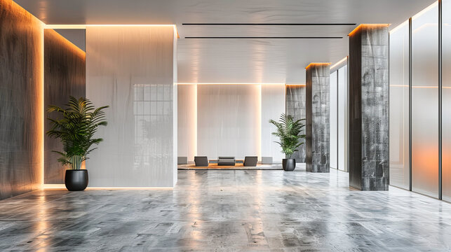 Modern Business Lobby with Sleek Design Elements, Featuring a Stylish Reception Desk and Comfortable Seating Area for a Welcoming Corporate Entrance