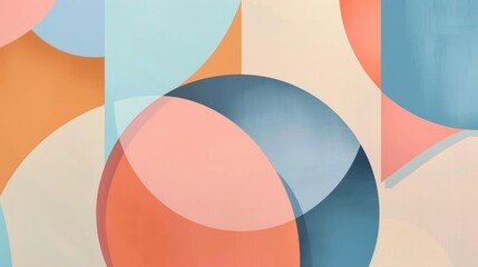 Modern abstract art with interlocking geometric shapes in pastel blue, peach, and orange.