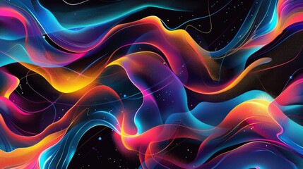 Modern abstract art composition with fluid shapes and lines on a black background with rainbow gradients.