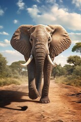 Fototapeta na wymiar A large elephant walking down a dirt road. Perfect for travel blogs or wildlife websites