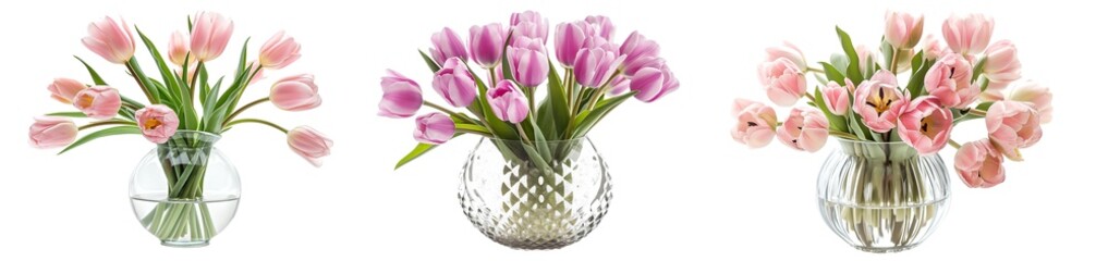 Pink tulip flowers in a glass vase isolated on a transparent background