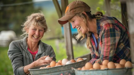 mother and daughter collecting eggs from a coop, professional photography, happy
