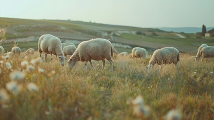 Fototapeta premium On a wide grassland, a flock of white sheep are grazing leisurely, Side view, slice perspective