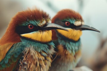 Fototapeta premium Two vibrant birds perched side by side. Suitable for nature and wildlife concepts