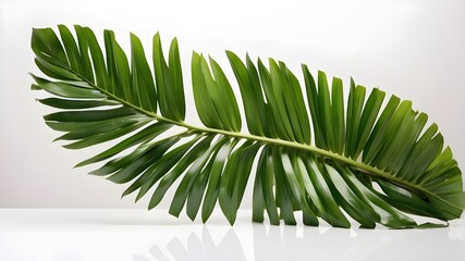 Tropical green dates palm long single leaf cut out on white fabricated background  - obrazy, fototapety, plakaty