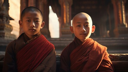 Two young monks standing in traditional robes. Suitable for cultural and religious themes - obrazy, fototapety, plakaty