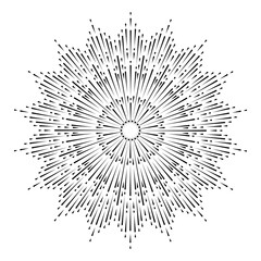 Obraz premium Hand drawn Sun, sunburst, starburst, light rays in line art. Bohemian symbol bursting sun rays. Magic talisman, antique style, boho, tattoo, logo. Vector illustration isolated on white background