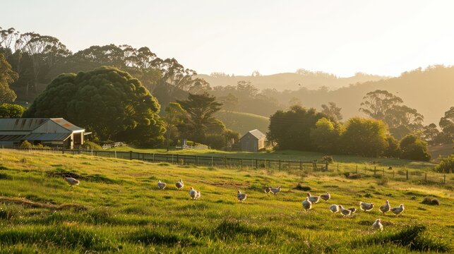 photo of a farm with free range chicken, lots of trees in the background and a very pale blue sky