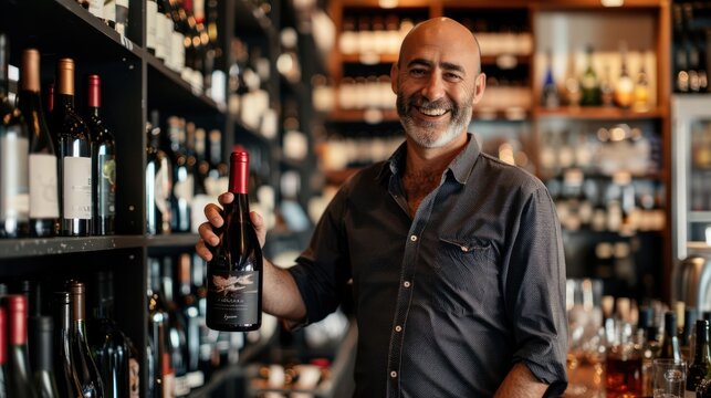 photo of a man shopping hold a bottle of wine in a wine bar profile picture linkedin image style pose