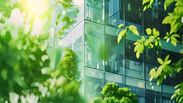 Architecture a modern glass building with a lot of green plants trees and bushes for business architecture environmental friendly, design, exterior, sky, garden.