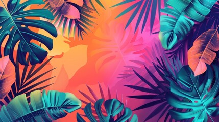 Tropical geometric abstract background with exotic leaf patterns and vibrant summer colors.